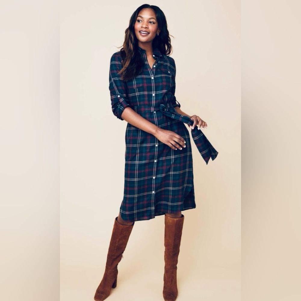 UNTUCKit Devon Navy & Green Plaid Belted Midi Shirt Dress Size